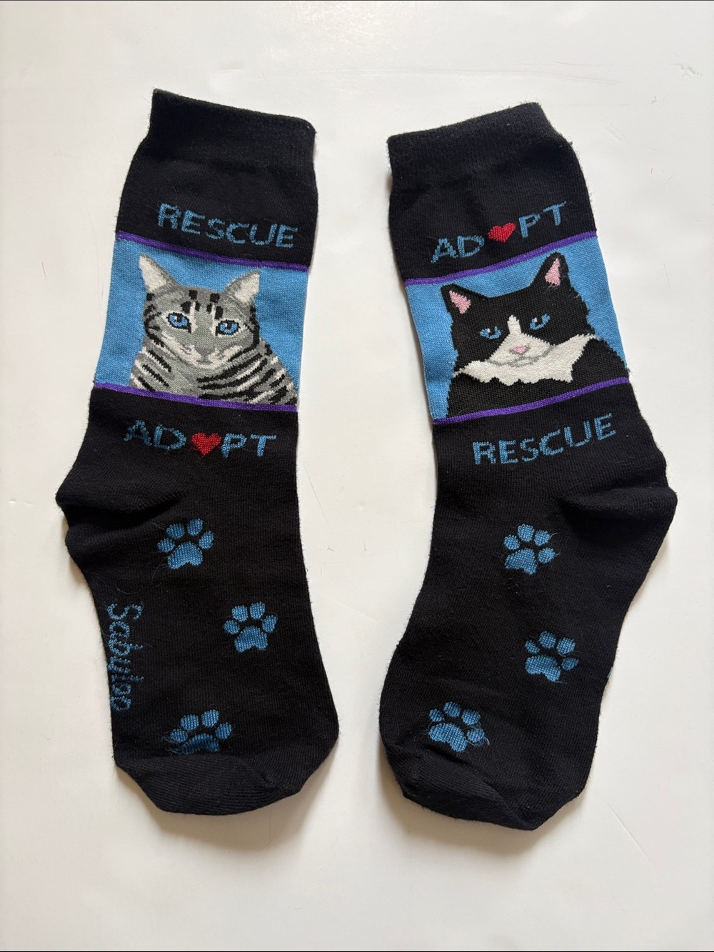 Rescue Adopt Cat Paw Print Socks - Black & Blue
